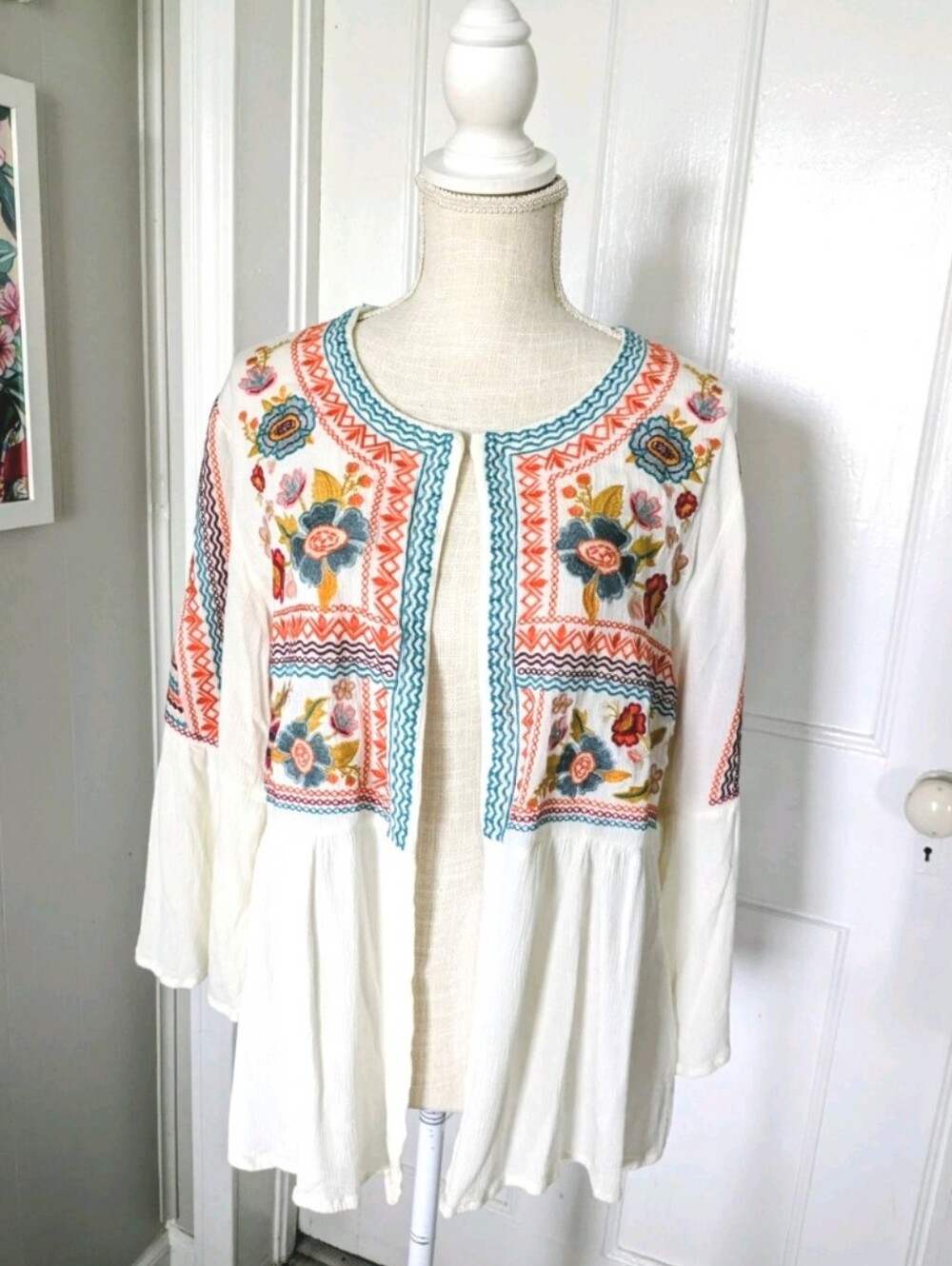 Time for Me Cardigan XL Embroidered Floral Open Front Kimono Ivory Colorful Boho
